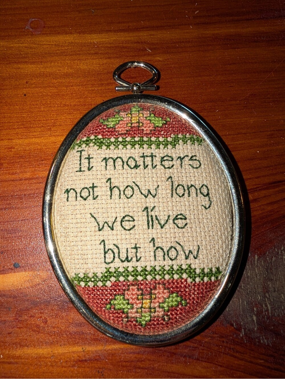 Vintage Oval Cross Stitch Wall Hanging with Inspirational Quote